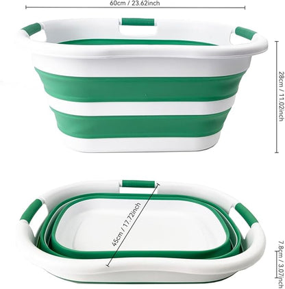 SAMMART 40L (10.5 gallon) Set of 2 Collapsible Plastic Laundry Hamper - Foldable Pop Up Storage Container/Organizer - Portable Washing Tub - Space Saving Basket (2, White/Winter Green)