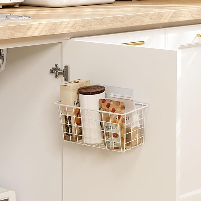 Adhesive Basket Wall Wire Basket Over the Cabinet Door Organizer No Drilling Mounted 4 Pack, White