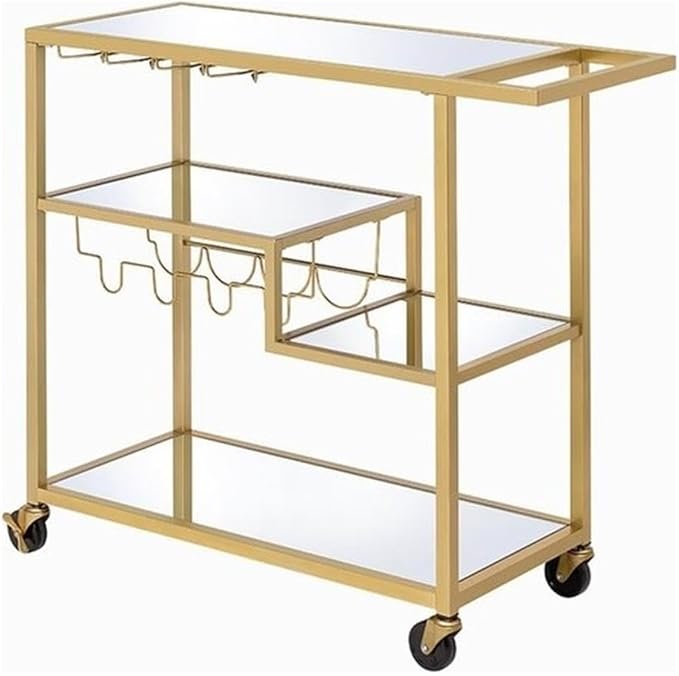 BOWERY HILL Rectangular Glass Top Serving Cart with 3 Tiers in Gold