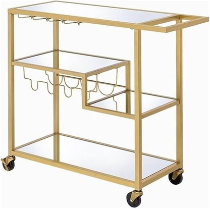 BOWERY HILL Rectangular Glass Top Serving Cart with 3 Tiers in Gold