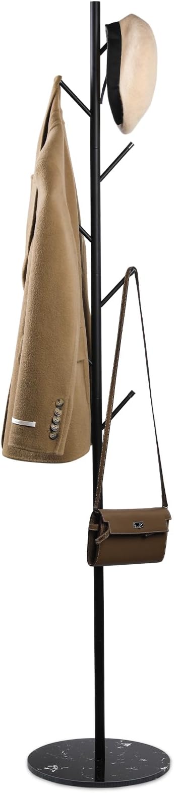 Freestanding Coat Rack with Marble Base, 4 Height Adjustable Standing Metal Coat Tree with 7 Hooks, Space-Saving Hat Clothes Coat Stand for Entryway, Bedroom, Office (Black)