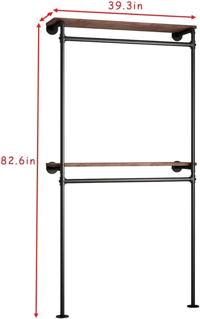 DR.IRON Industrial Pipe Clothing Racks with 2 Tier Shelves, Wall Mounted Black Clothes Rack with Double Hanging Rods Heavy Duty Garment Storage Rack Display Racks Rod for Clothes,Laundry Room