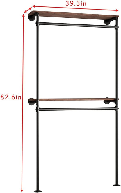 DR.IRON Industrial Pipe Clothing Racks with 2 Tier Shelves, Wall Mounted Black Clothes Rack with Double Hanging Rods Heavy Duty Garment Storage Rack Display Racks Rod for Clothes,Laundry Room