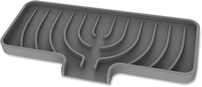 Silicone Sponge Holder for Kitchen Sink With Drain Spout, Self Draining, Kitchen Soap Tray, Bathroom Organizer, Sink Caddy, Perfect for Dispenser, Scrubber, Bottle, Cup on Counter-10"×4" (Grey)