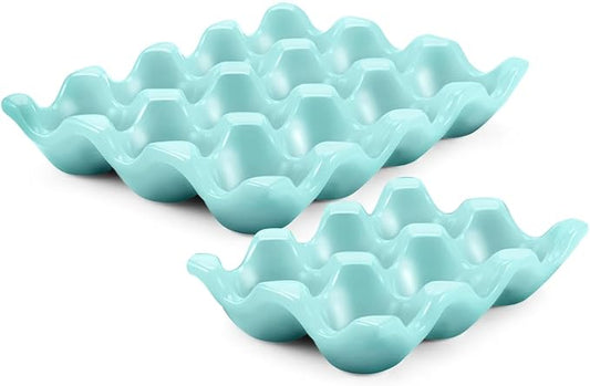 Flexzion 12 + 6 Cups Ceramic Egg Holder for Fridge - 18 Porcelain Egg Tray Container Keeper Storage Organizer Decorative Serving Stand Serveware for Refrigerator Countertop Display Kitchen (Blue)