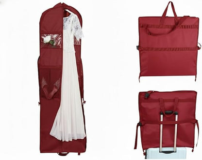 Sturdy Oxford polyester fabric - 72" Wedding Dress Garment Bag - Shoulder Strap - Accessory Pockets - Attaches to Suitcase – Waterproof – Trifold – Designed for Full Skirts – Carry Handle (Red)