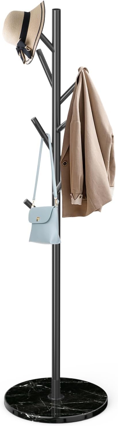 Modern Coat Rack Stand, Metal Freestanding Coat Rack with Natural Marble Base, Black Coat Racks with 8 Hooks and Coat Hanger Tree Jacket Stand for Office, Entryway, Hallway