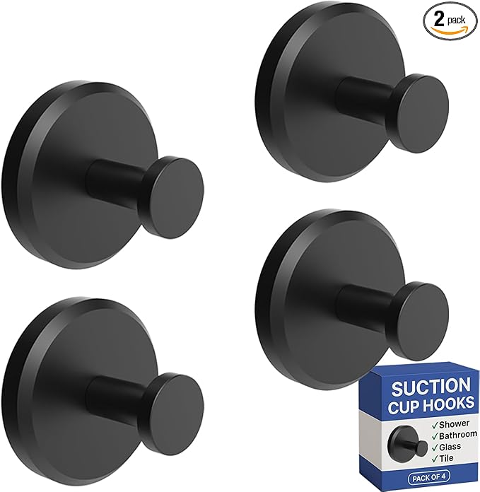 HOME SO Suction Cup Hooks for Shower, Bathroom, Kitchen, Glass Door, Mirror, Tile – Loofah, Towel, Coat, Bath Robe Hook Holder for Hanging up to 15 lbs – Waterproof & Rustproof, Matte Black (4-Pack) | for Shower, Bathroom, Kitchen, Glass Door, Mirror, ...