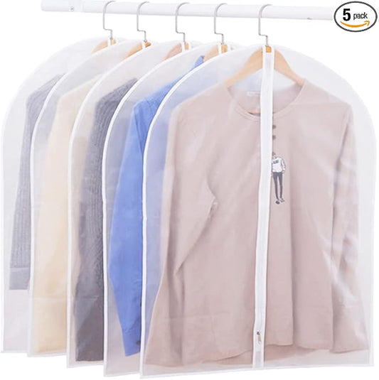 LeLehome 24 Inch X 40 Inch Set of 5 Dustproof See-Through Travel Garment Suits Covers, Clear Waterproof Clothes Organizer Dress Hanging Zipper Bags Protector