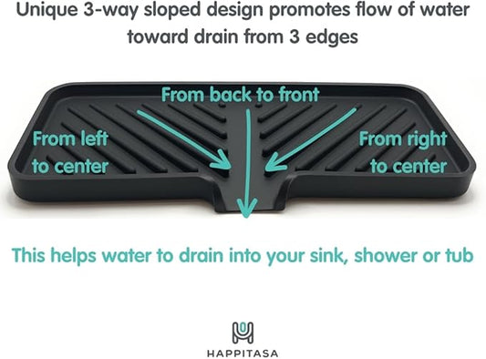 Happitasa Silicone Soap Dish Tray and Sponge Holder with Drain Chute and Feet | 3-Way Sloped Design | Bathroom and Kitchen Sink Organizer Caddy (Black, 10"x4")