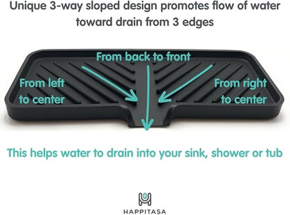 Happitasa Silicone Soap Dish Tray and Sponge Holder with Drain Chute and Feet | 3-Way Sloped Design | Bathroom and Kitchen Sink Organizer Caddy (Light Grey, 10"x4")
