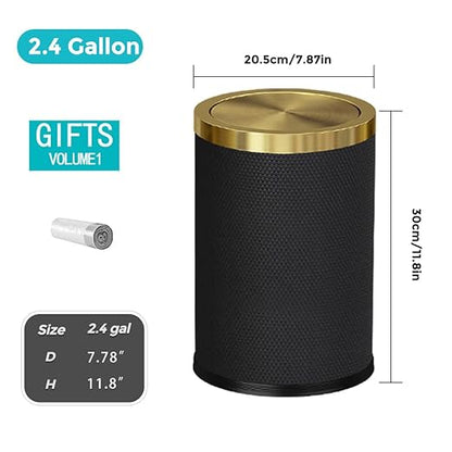 2.4 Gallon Bathroom Trash Can with Lid, Pu Leather Modern Garbage Can, Round Decorative Waste Basket, for Near Desk, Powder, Bedroom, Hotel, Office, Home (9L-Checked Black)