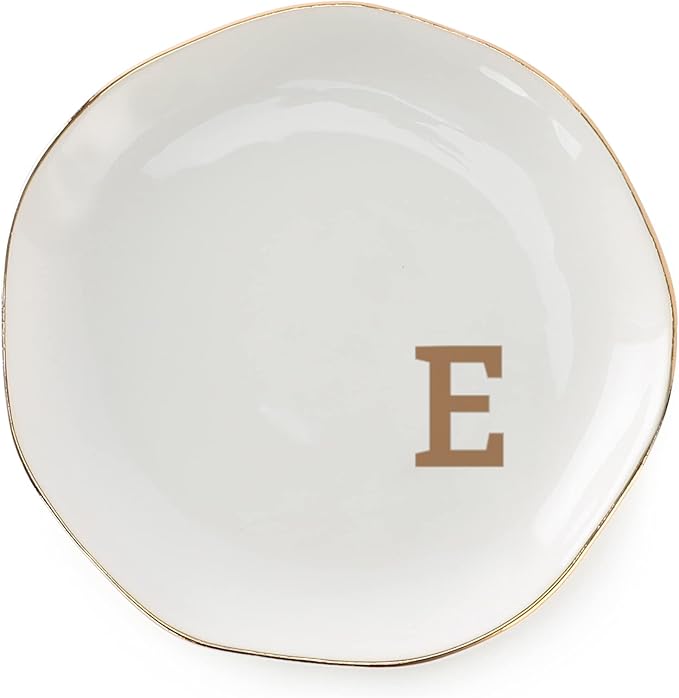 VINCOMIC Initials Ring Dish Jewery Tray with Personalized E-Monogrammed Gifts Wedding Engagement for Women Friends sister,Ceramic White