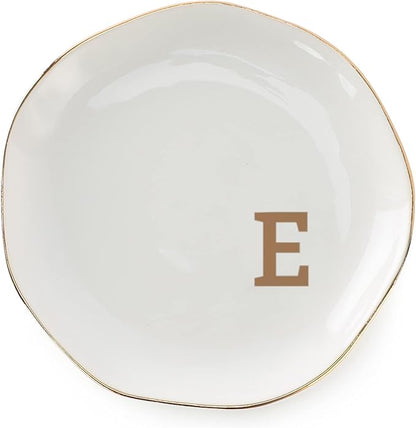 VINCOMIC Initials Ring Dish Jewery Tray with Personalized E-Monogrammed Gifts Wedding Engagement for Women Friends sister,Ceramic White