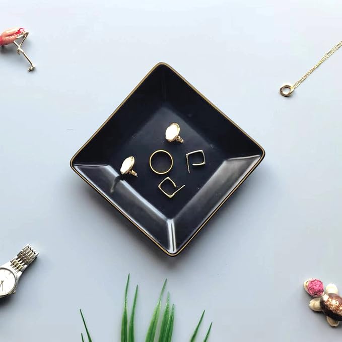 HANKOR Ceramic Jewelry Dish Tray, Decorative Trinket Tray Holder for Ring Earring Key, Gift for Women Girls, 4.7inch, Black
