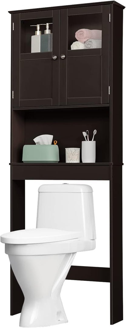 Bonnlo Over The Toilet Storage Cabinet Bathroom Behind Toilet Shelf Towel Storage Freestanding Organizer Space Saver with Double Door Glass Window Cabinet Tower with Adjustable Shelf (Brown)