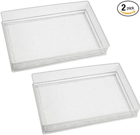 YBM HOME White Mesh Drawer Organizer and Storage for Kitchen Drawers, Serves as School Supply Holder, Office Desktop Organizer Basket, Makeup and Craft Supplies Organization, (2 Pack, 8x12x2 Inch)