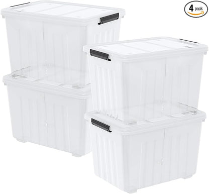 4 Packs Large 70 L Plastic Stackable Storage Bins with Wheels and Latching Lid, Clear Storage Container Tote