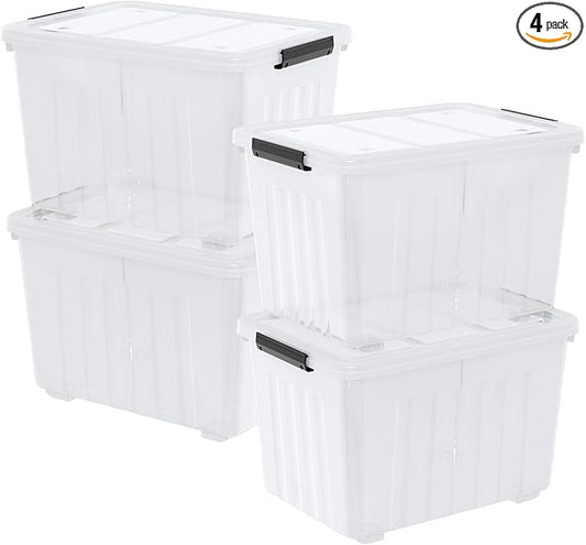 4 Packs Large 70 L Plastic Stackable Storage Bins with Wheels and Latching Lid, Clear Storage Container Tote