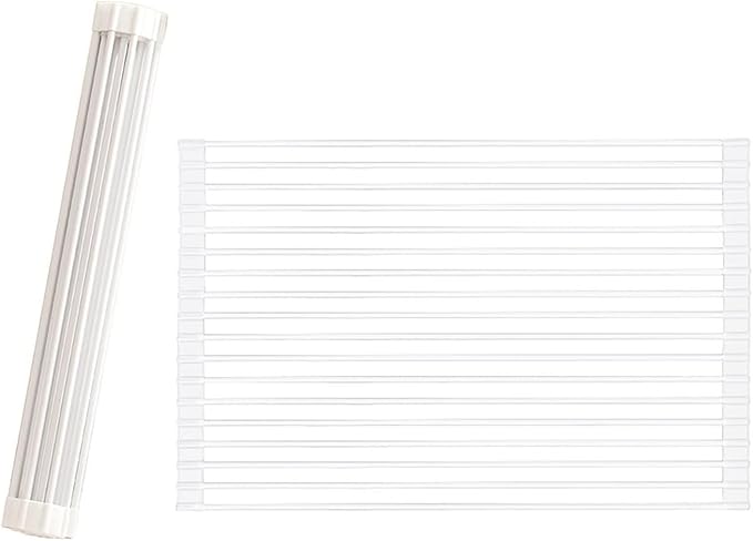 Pezixueran Roll Up Dish Drying Rack Over The Sink.Foldable Kitchen Drainer,Fully Silicone Cover Stainless Steel Bar,Heat-Resistant, Anti-Slip Sink Rack for Kitchen Counter Multipurpose.