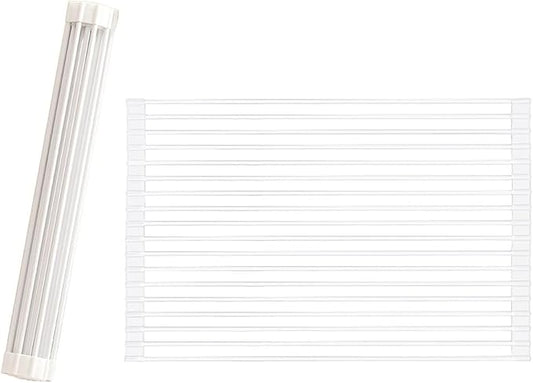 Pezixueran Roll Up Dish Drying Rack Over The Sink.Foldable Kitchen Drainer,Fully Silicone Cover Stainless Steel Bar,Heat-Resistant, Anti-Slip Sink Rack for Kitchen Counter Multipurpose.
