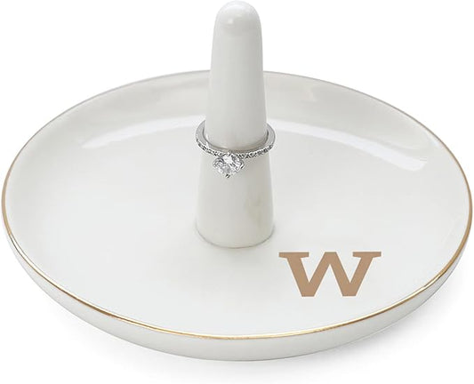 HOME SMILE Initials Ring Holder Jewery Tray with personalized W-Monogrammed Engagement Gifts for Friends,Birthday Mother's Day Christmas Gifts for Women,Ceramic White