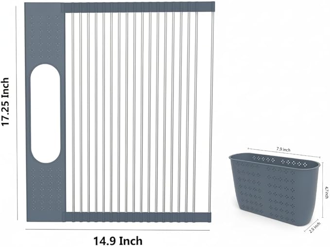 Roll Up Dish Drying Rack Over Sink, 17.5" x 15.2" Foldable SUS304 Stainless Steel Kitchen Dish Drainer, Heat-Resistant Multipurpose Rolling Sink Rack Organizer,Grey