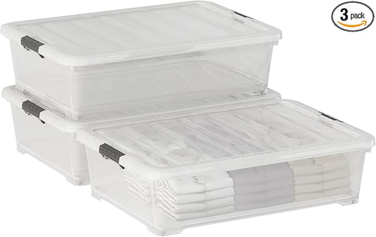 Xyskin 50 Quart Under-Bed Storage Container Organizer Bin with Latching Lids, Large Wheeled Storage Box for Garage, Closet, Clear, 3 Pack