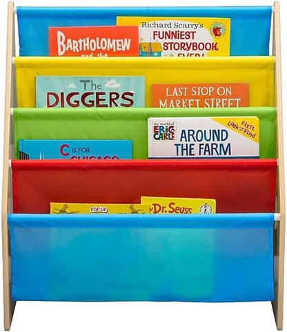 Delta Children Sling Book Rack Bookshelf, 4-Tier Wooden Shelf with Soft Fabric Pockets, Ideal for Playroom, Living Room, Basement, or Bedroom