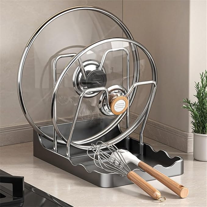 Kitchen Pot Lid Storage Rack, Pot and Pan Organizer with Removable Drip Tray,Detachable design,Suitable for Placing pot Lids, Spoons, Cutting Boards, etc (Gray, 2 stands)