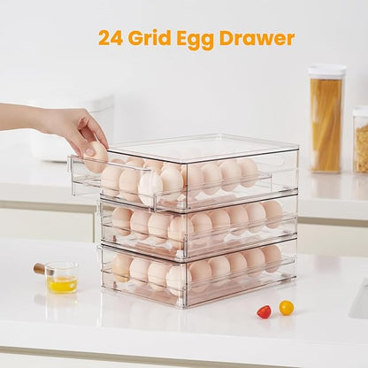 vacane 24 Capacity Egg Holder for Refrigerator, Egg Drawer for Fridge Pull Out Egg Storage Container with Non-Slip Pads Clear Egg Tray Egg Organizer - 2 Pack
