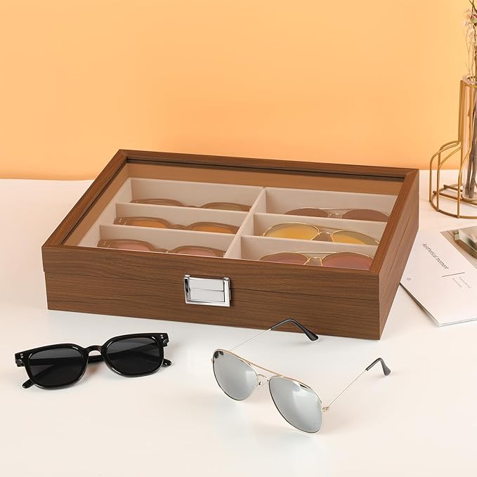 BAOJULONG Wooden Sunglasses Organizer Box, Eyewear Display Eyeglass Case, Glasses Storage Box Sunglass Holder Gifts
