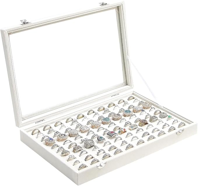 Ring Display Case, Jewelry Organizer Box, Earring Holder for Girls, Velvet Display Tray (Beige, 100 Slots)