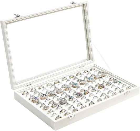 Ring Display Case, Jewelry Organizer Box, Earring Holder for Girls, Velvet Display Tray (Beige, 100 Slots)
