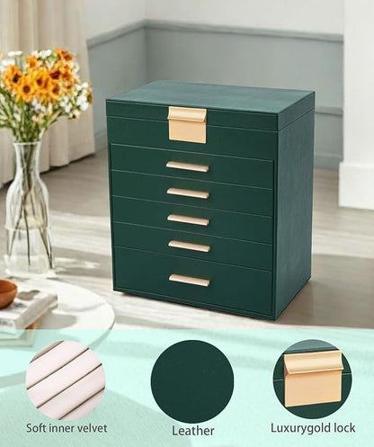 BOOVO Jewelry Box with Necklace Hanger – 6 layer Jewelry Organizer for Women with 5 Drawers, Large Jewelry Storage Boxes –Jewelry Organizers and Storage for Earrings, Necklaces (Green, 6 layer)