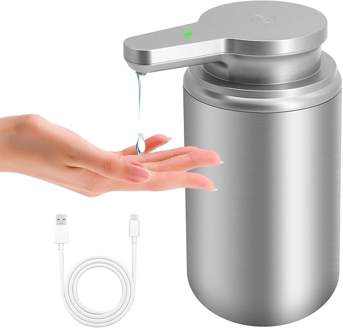 Mamiddle 12 oz. Automatic Soap Dispenser Stainless Steel with Sensor Infrared Soap Dispenser Electric IPX5 Waterproof USB-C Charging Motion Sensor for Kitchen & Bathroom (Silver Cyl)