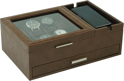 Lifomenz Co Mens Jewelry Box Valet Tray with Drawer and Charging Station Organizer -Brown