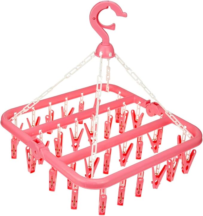 Laundry Hangers with 32 Clips,Clothespin Rack Foldable Laundry Drying Rack Drip Hanger for Drying Socks,Bras,Towel,Underwear,Hat,Scarf,Pants,Baby Clothes,Cloth Diapers,Gloves,Handkerchiefs (Pink)