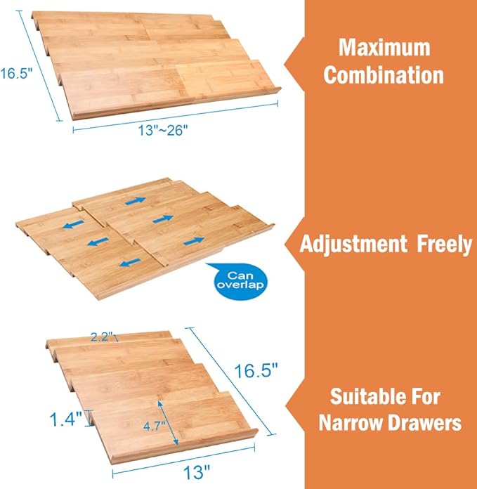DEWVIE Bamboo Spice Drawer Organizer, 4 Tier In Drawer Spices Rack for Cabinet Drawer Expandable From 13" to 26", Stackable Seasoning Storage Organizer Insert