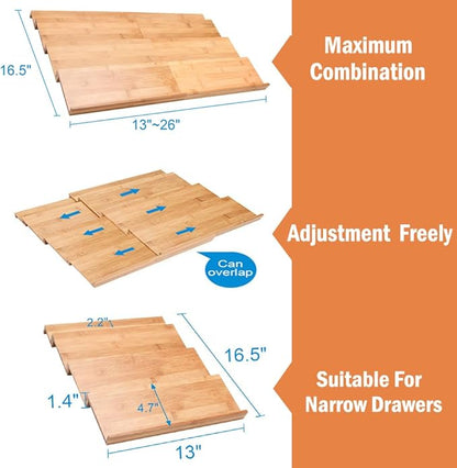 DEWVIE Bamboo Spice Drawer Organizer, 4 Tier In Drawer Spices Rack for Cabinet Drawer Expandable From 13" to 26", Stackable Seasoning Storage Organizer Insert