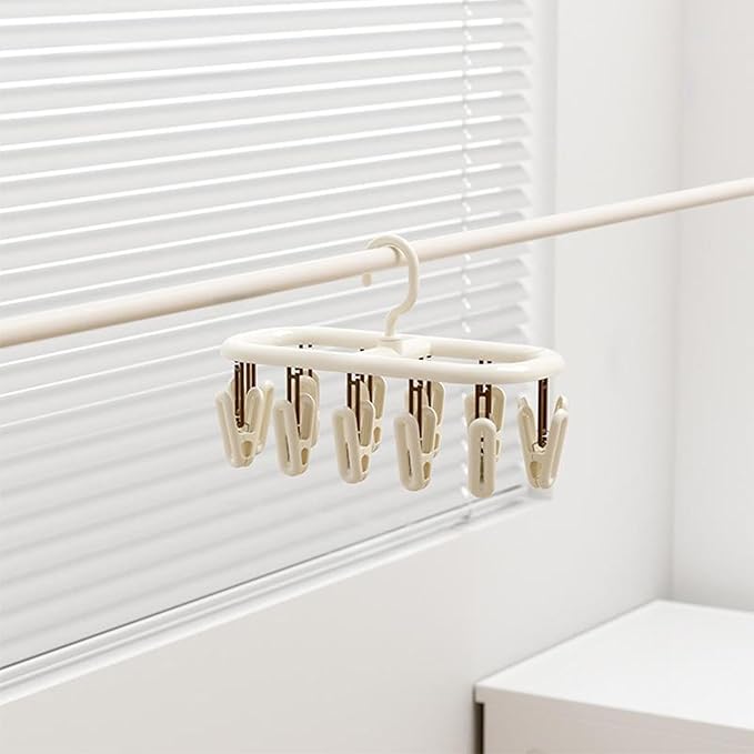 Beige Socks Drying Rack, Foldable Multifunctional Clothes Hanger with 12 or 20 Clips, Plastic, Space-Saving for Socks, Underwear, Gloves, Towels, Rotatable Hook for Easy Hanging (12 Clips)