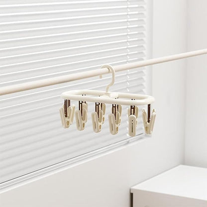 Beige Socks Drying Rack, Foldable Multifunctional Clothes Hanger with 12 or 20 Clips, Plastic, Space-Saving for Socks, Underwear, Gloves, Towels, Rotatable Hook for Easy Hanging (12 Clips)