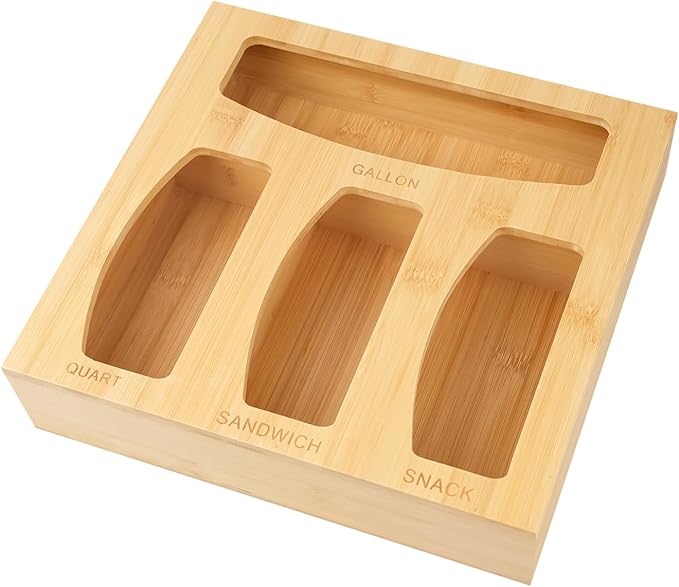 Plastic Bag Organizer, Bamboo Food Storage Bags Container Organizer for Drawer, Baggie Bags Storage for Drawer Compatible Sandwich Variety Size Bags