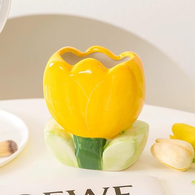 Pen Holder for Desk Tulips Vase Decor Aesthetic Cute Toothbrush Holder Pencil Holder for Office Makeup Brush Holder Yellow Kawaii Desk Accessories Home Decor Birthday Gifts for Women