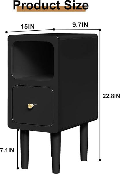 Narrow Nightstand, Solid Wood Night Stand with Drawers, Black Mid Century Modern Nightstand, Small Beside Table with Open Storage Shelf for Bedroom (10 inch)