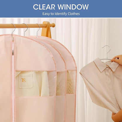 43" Suit Bags for Closet Storage and Travel, Pink Garment Bags for Hanging Clothes, Women’s Suit Cover Bags with Clear Window for Coats, Jackets, Shirts(2 Pack)