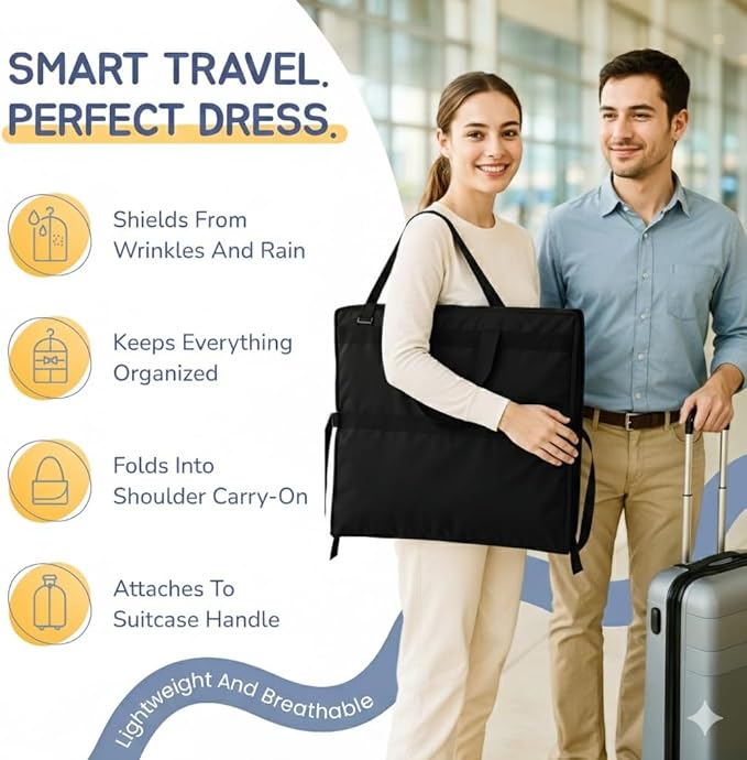 Sturdy Oxford polyester fabric - 72" Wedding Dress Garment Bag - Shoulder Strap - Accessory Pockets - Attaches to Suitcase – Waterproof – Trifold – Designed for Full Skirts – Carry Handle (Black)