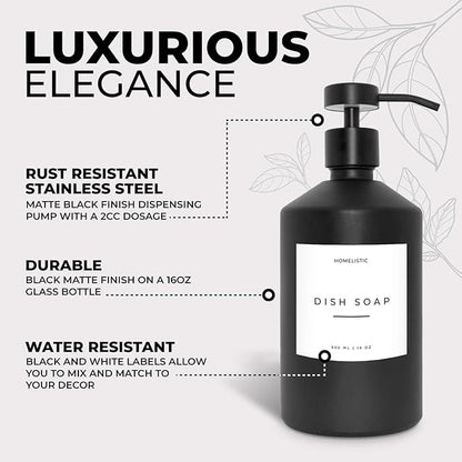 Luxury Glass Soap Dispenser Set of 2 - Elegant Glass Bottles with Matte Black Pumps, Ideal for Kitchen and Bathroom for Hand and Dish Soaps