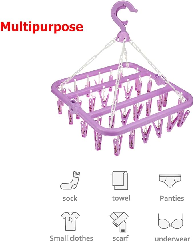 Laundry Hangers with 32 Clips,Clothespin Rack Foldable Laundry Drying Rack Drip Hanger for Drying Socks,Bras,Towel,Underwear,Hat,Scarf,Pants,Baby Clothes,Cloth Diapers,Gloves (Purple)