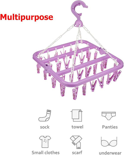 Laundry Hangers with 32 Clips,Clothespin Rack Foldable Laundry Drying Rack Drip Hanger for Drying Socks,Bras,Towel,Underwear,Hat,Scarf,Pants,Baby Clothes,Cloth Diapers,Gloves (Purple)